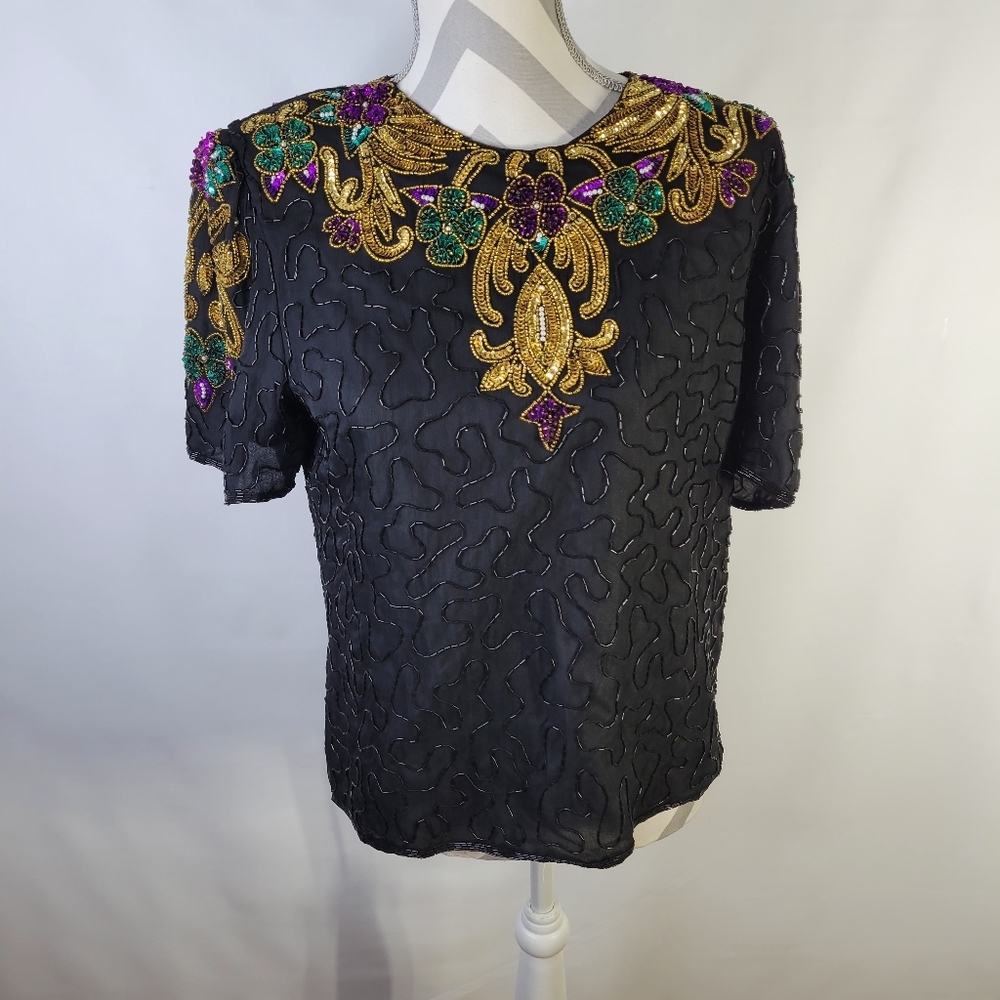 Scala Silk Beaded Embellished Short Sleeve Top Lined Size Large Petite